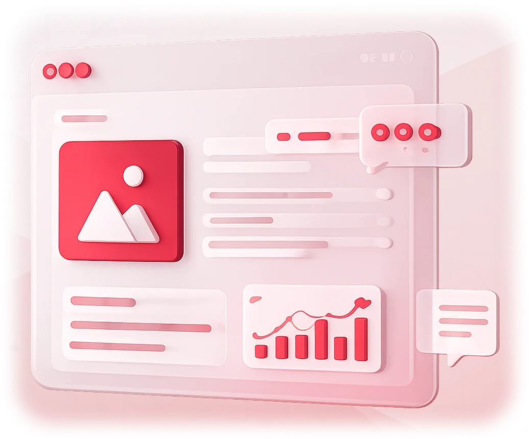 A glass browser window holding an article image, lines of copy, a bar chart, and comment bubbles