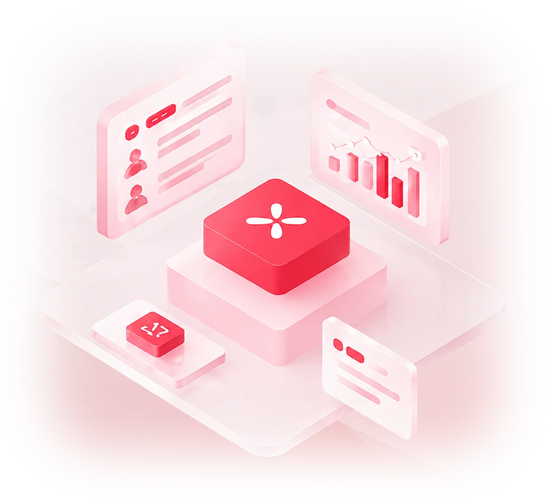 An isometric workspace of team, analytics, and code panels around a central platform