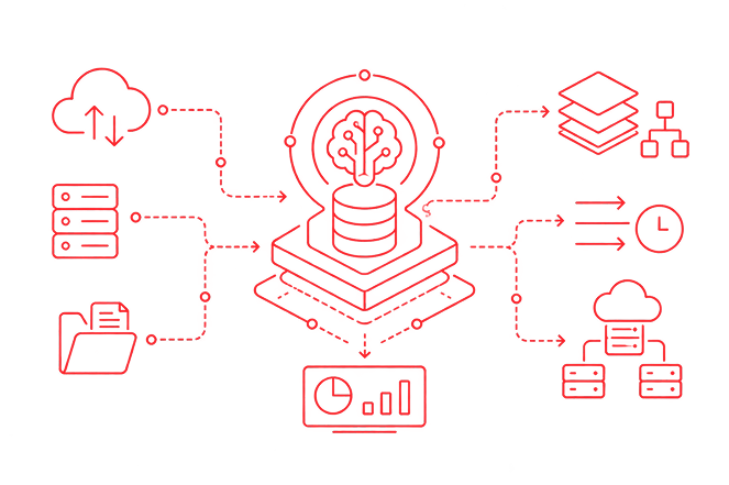 Enterprise source systems converging into a governed lakehouse layer that serves analytics and AI workloads