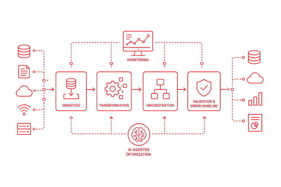 A pipeline moving structured and unstructured sources through transformation, quality checks, and embedding into AI-ready stores