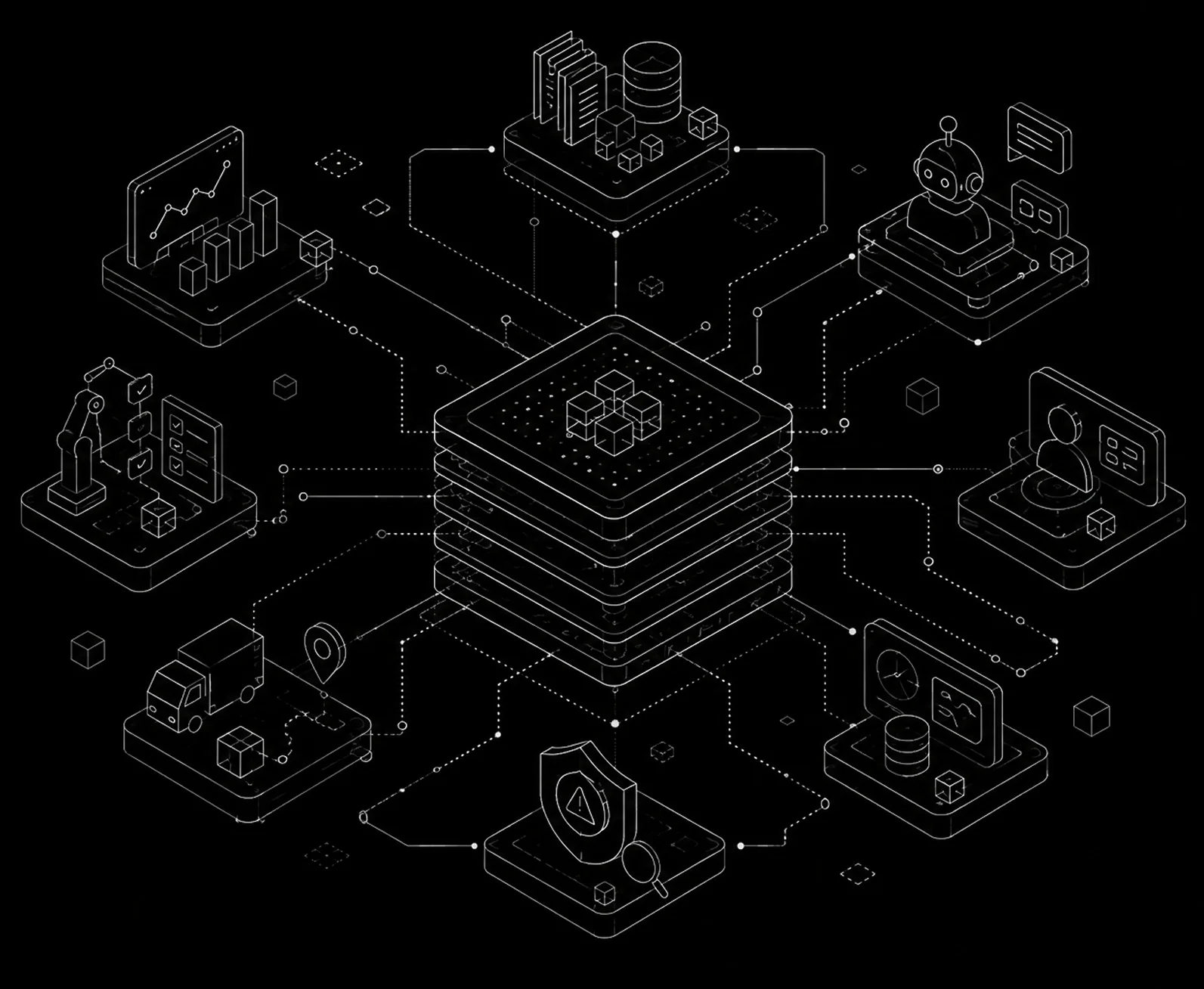 An isometric data platform at the centre of the enterprise systems, analytics, and AI applications it serves