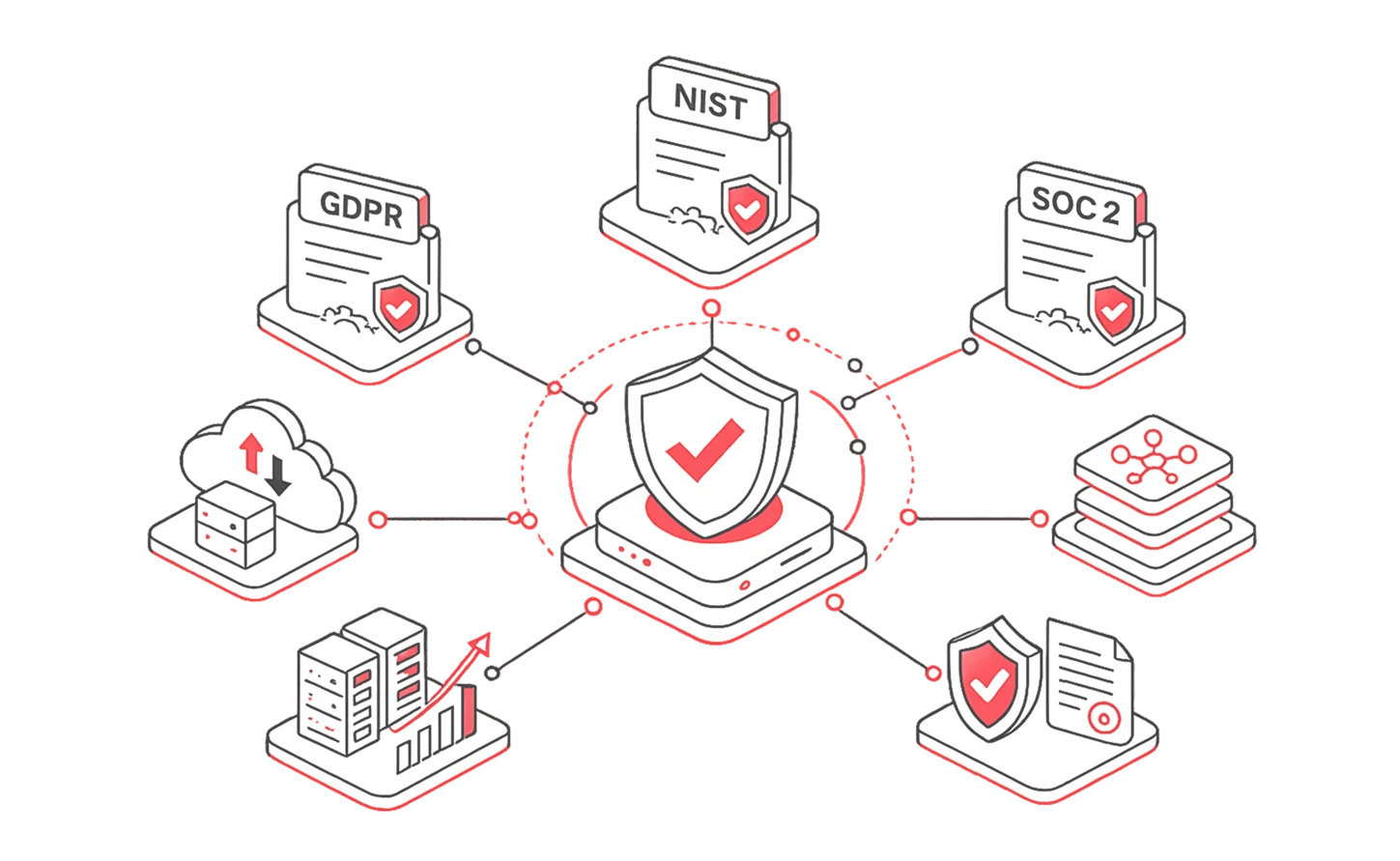 A central security shield linked to GDPR, NIST, and SOC 2 documents alongside cloud, data, and reporting systems