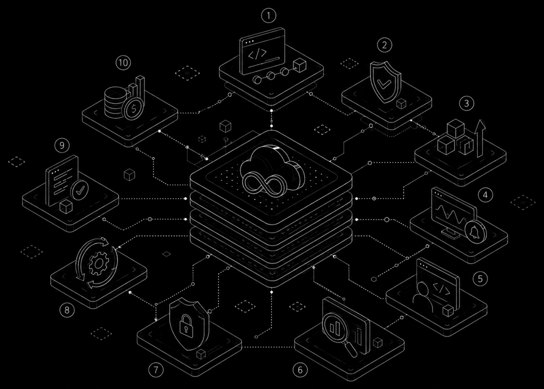 An isometric cloud platform linking CI/CD, security, scaling, monitoring, access control, analytics, automation, compliance, and cost management