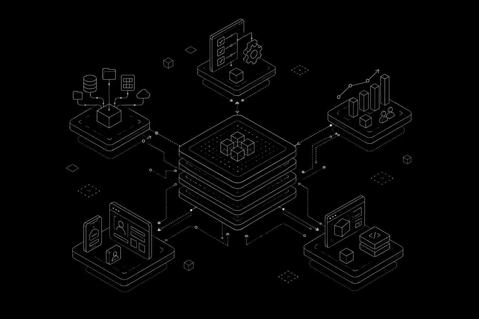 An isometric software ecosystem linking data, workflows, analytics, and customer-facing applications