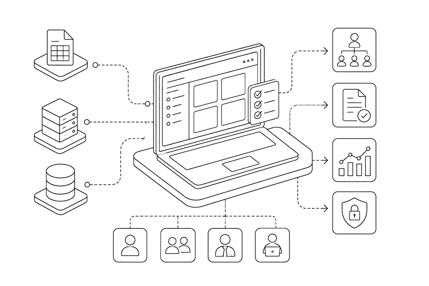 A central application connecting documents, servers, and databases to teams, reports, analytics, and security