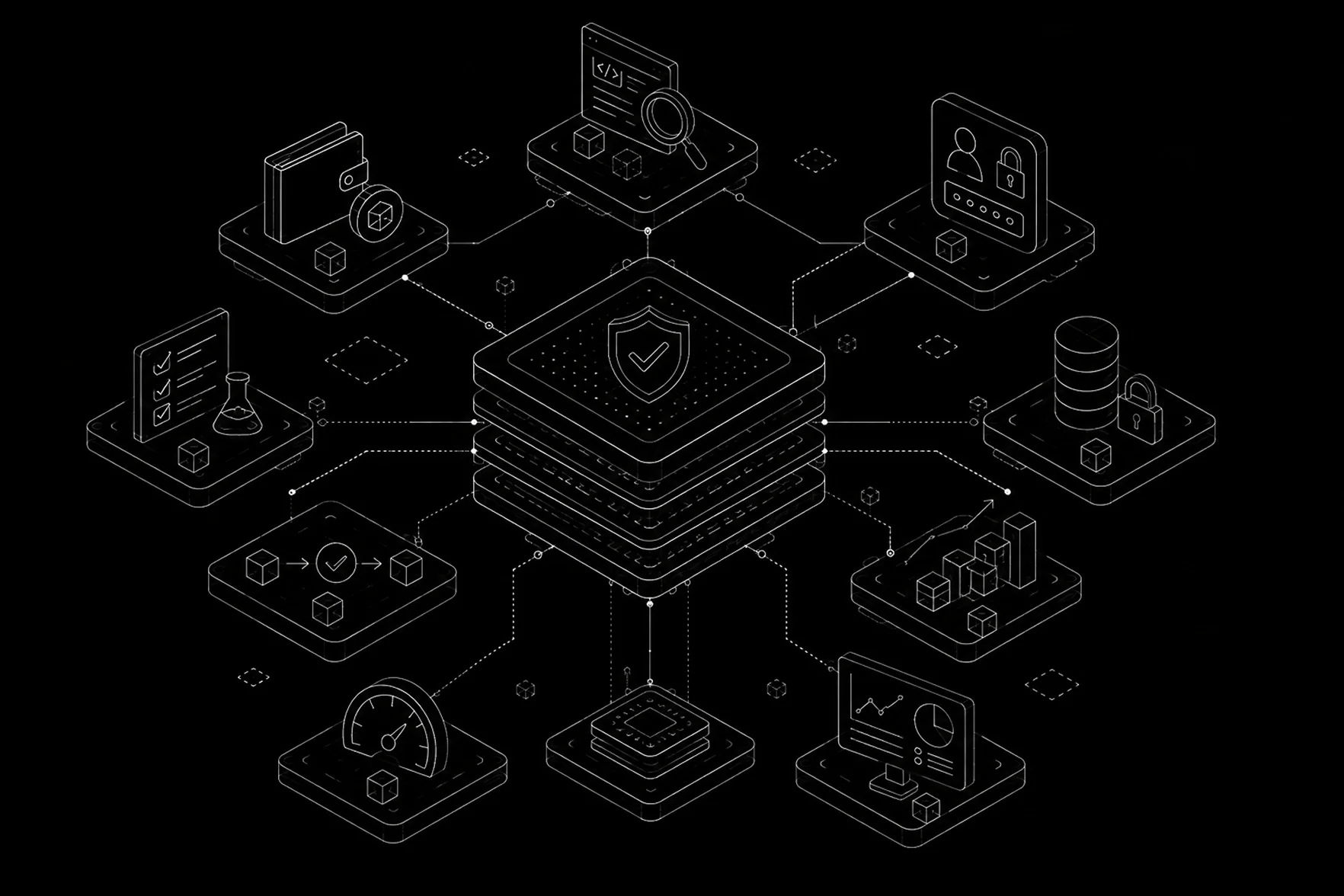 An isometric security platform linking access control, encryption, monitoring, and scalable infrastructure