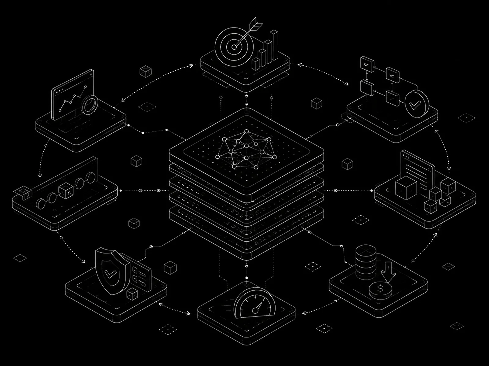 An isometric AI model stack linked to the accuracy, cost, speed, and security gains it delivers