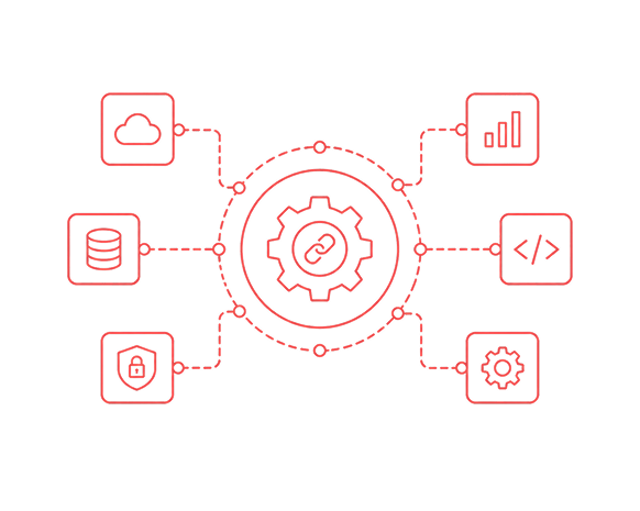 A central gear hub linked to cloud, database, security, analytics, and code systems